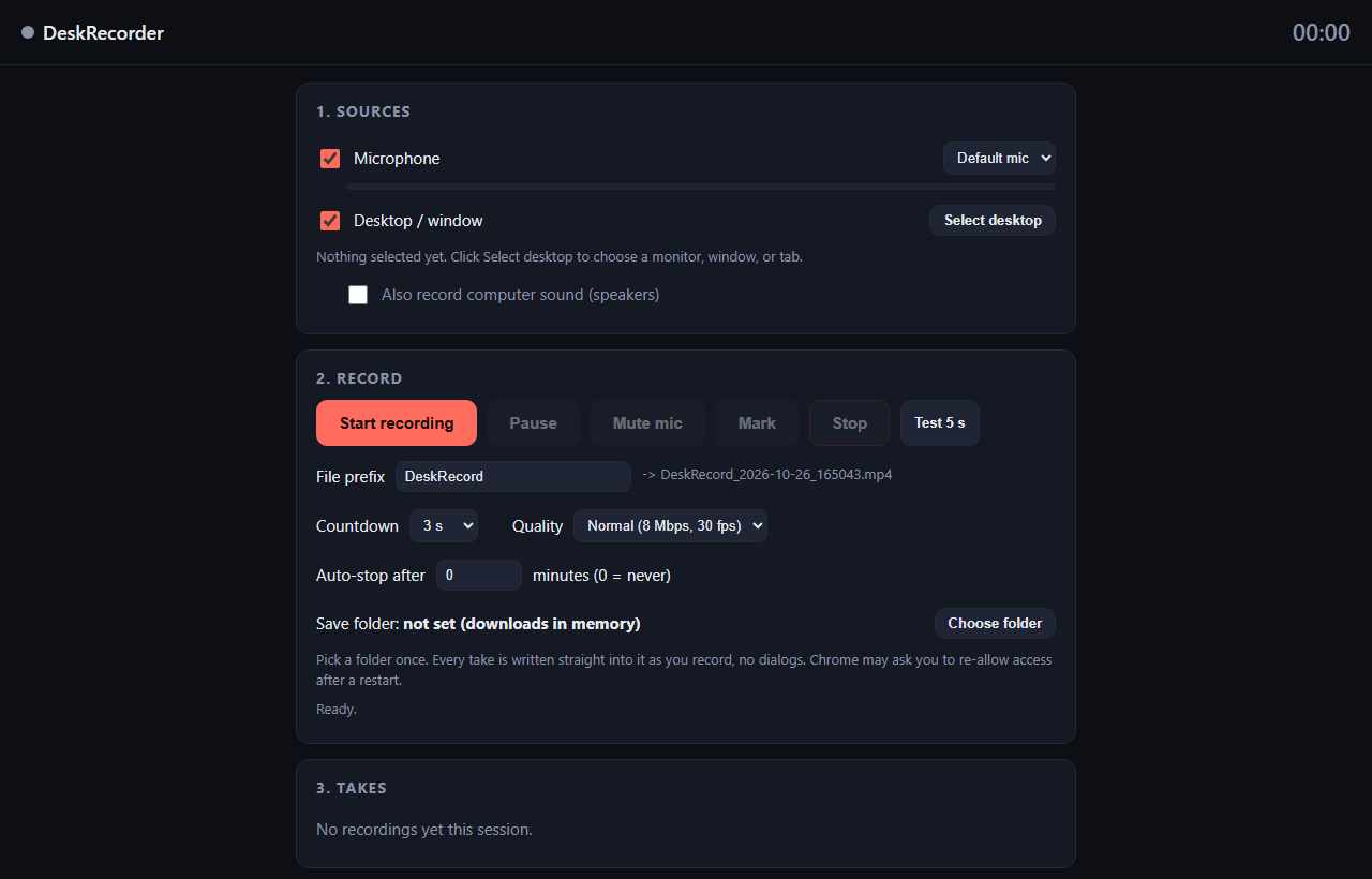 DeskRecorder microphone and desktop sources, recording controls, and takes list